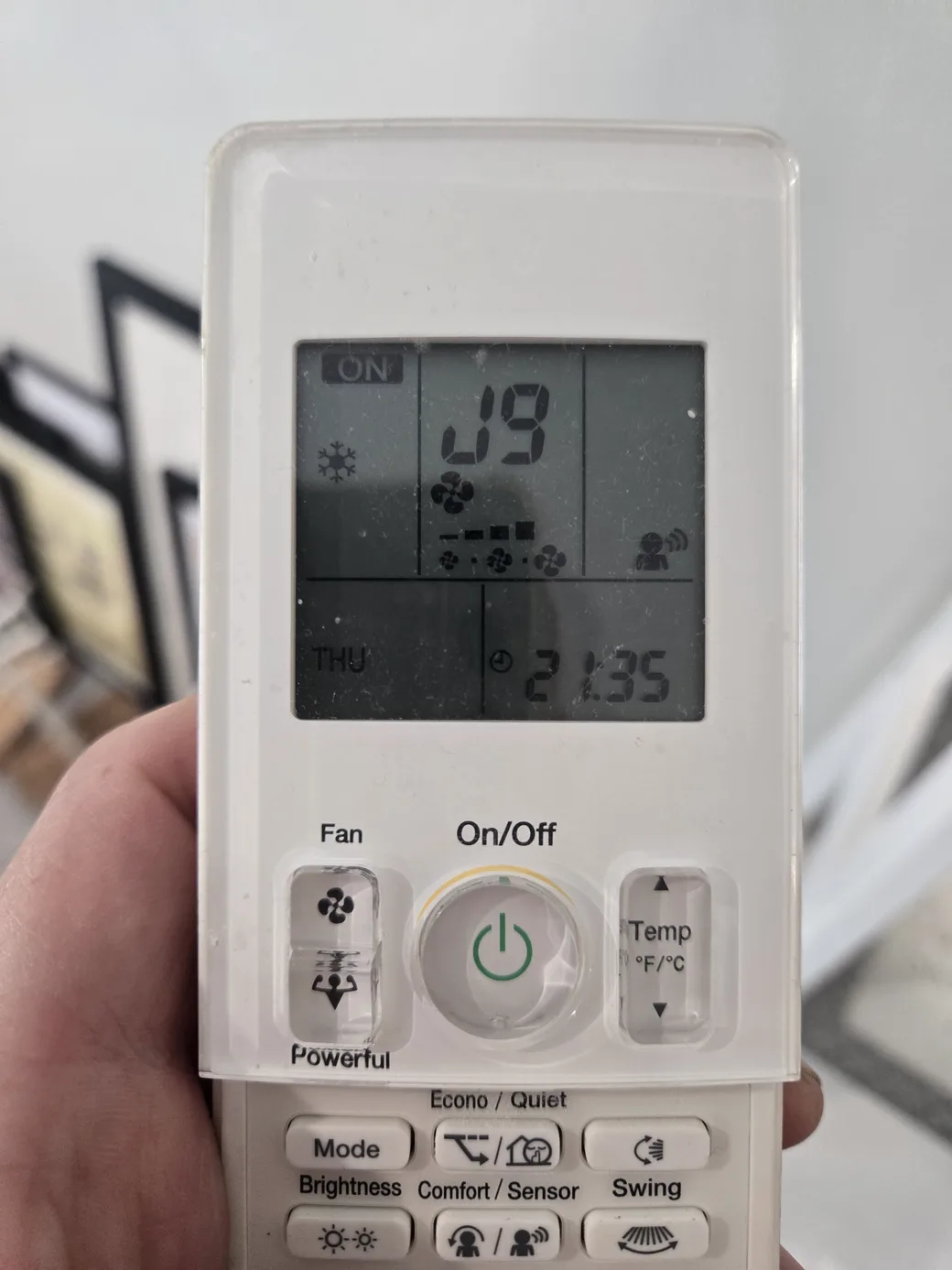 Daikin mini split indoor unit remote during self-diagnostics showing the J9 fault code
