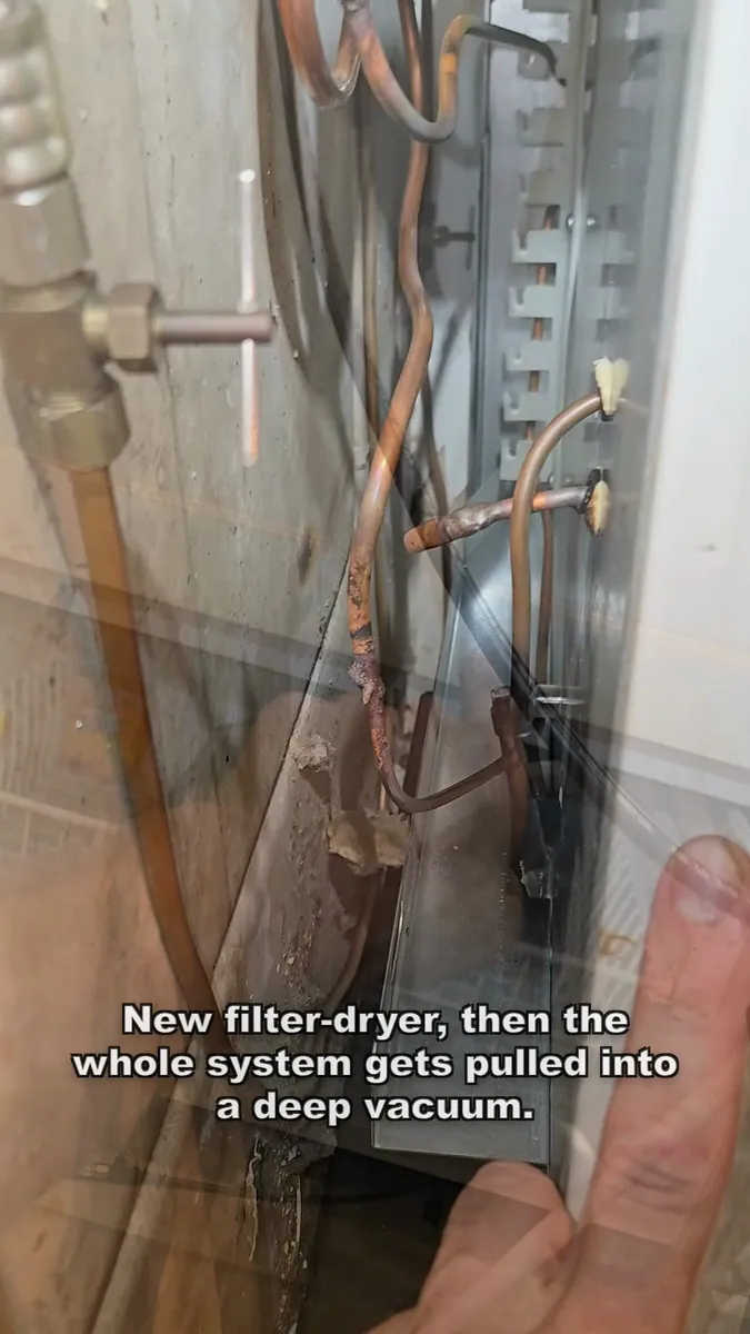 Gauges on the system during evacuation, new filter-dryer installed