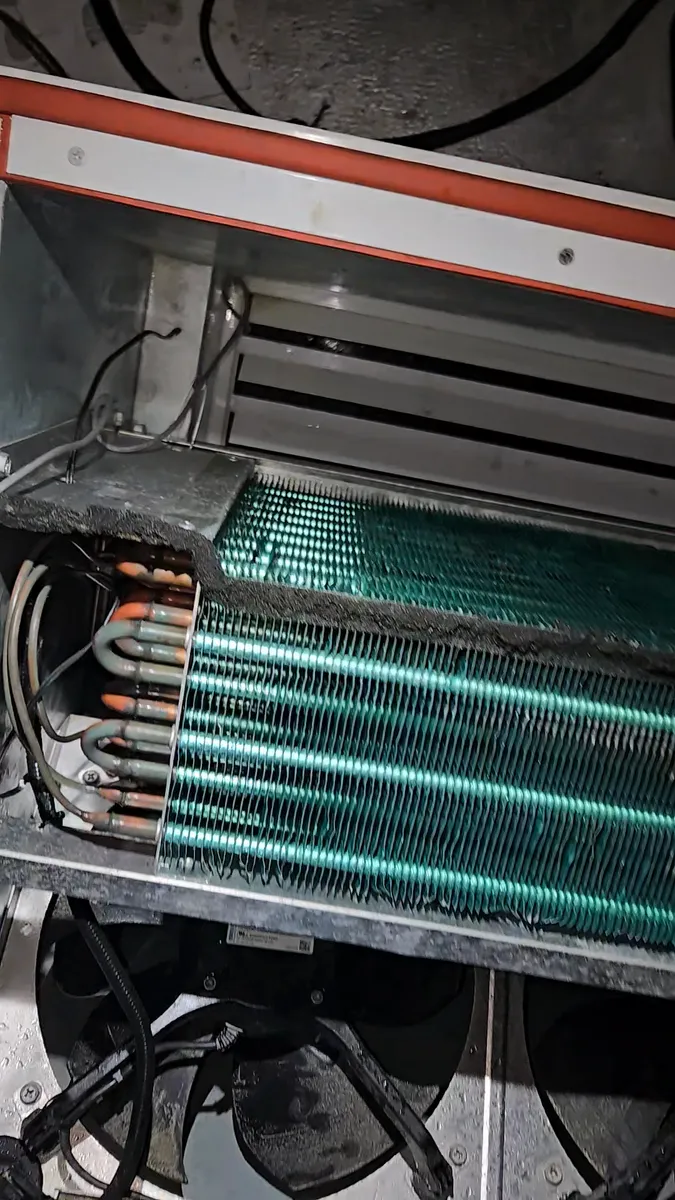 Clean ice-free evaporator coil in the walk-in cooler after steam defrost