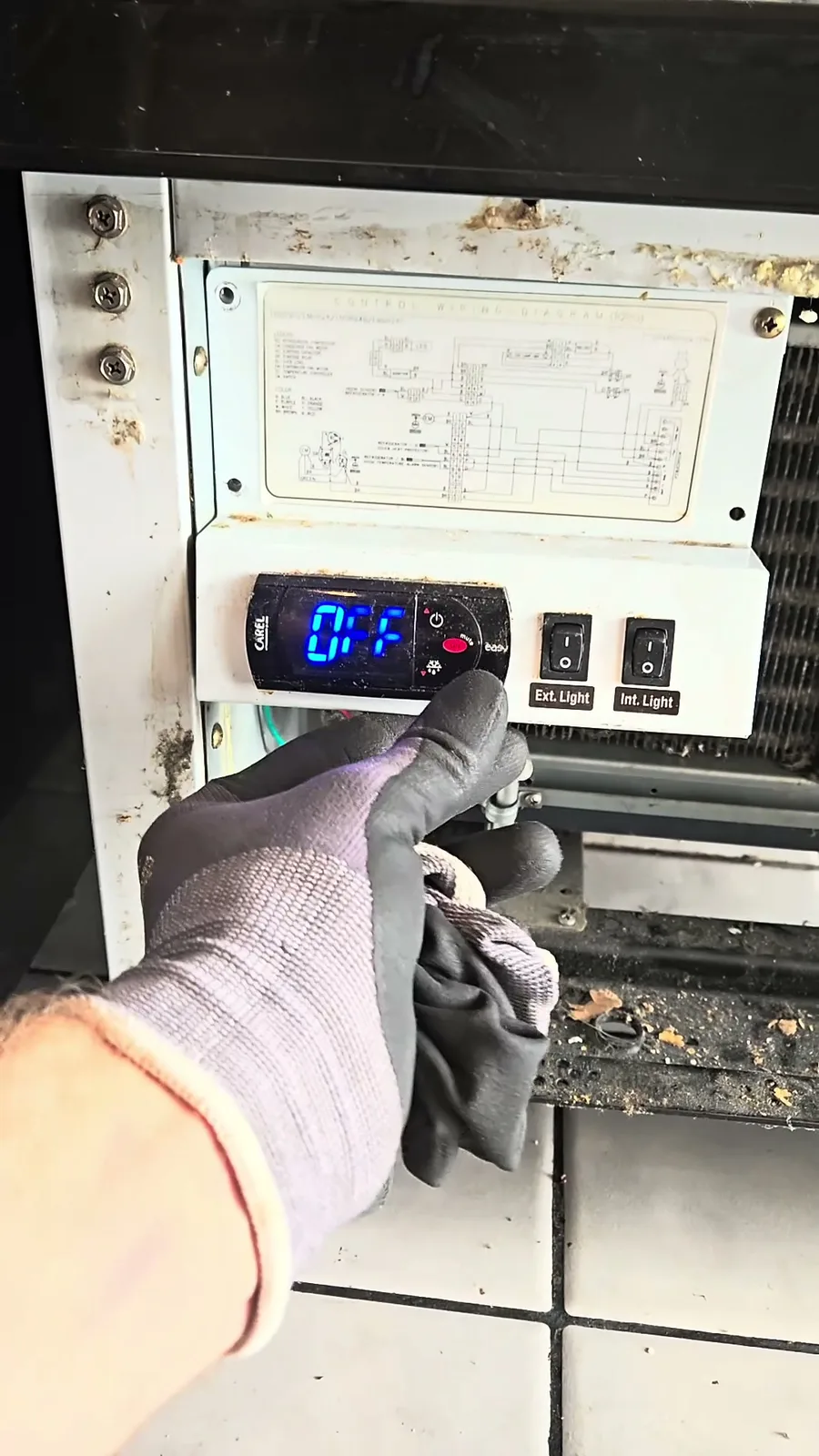 The old Carel controller on the cooler switched off, with OFF on its display