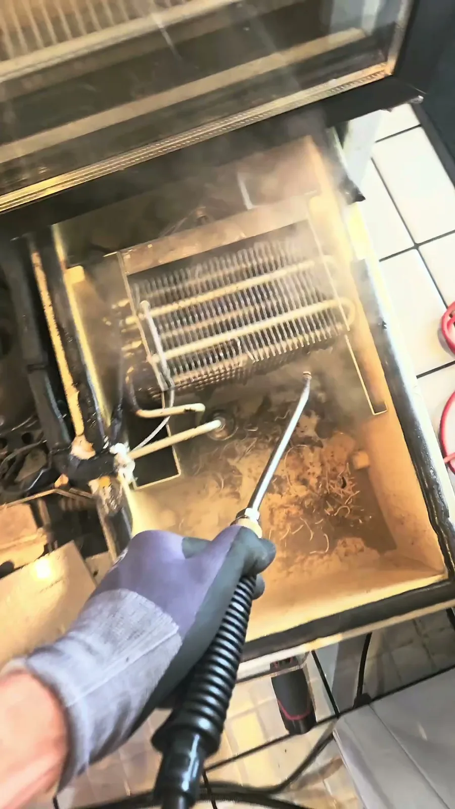 Thawing the evaporator coil with steam in the bottom compartment of the cooler