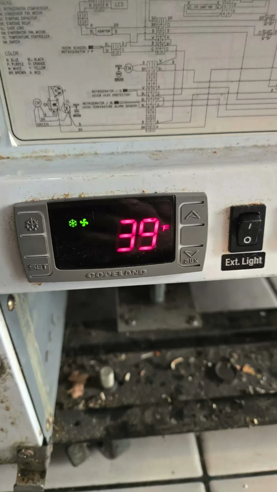 The new Copeland controller installed in the cooler, reading 39°F after the repair