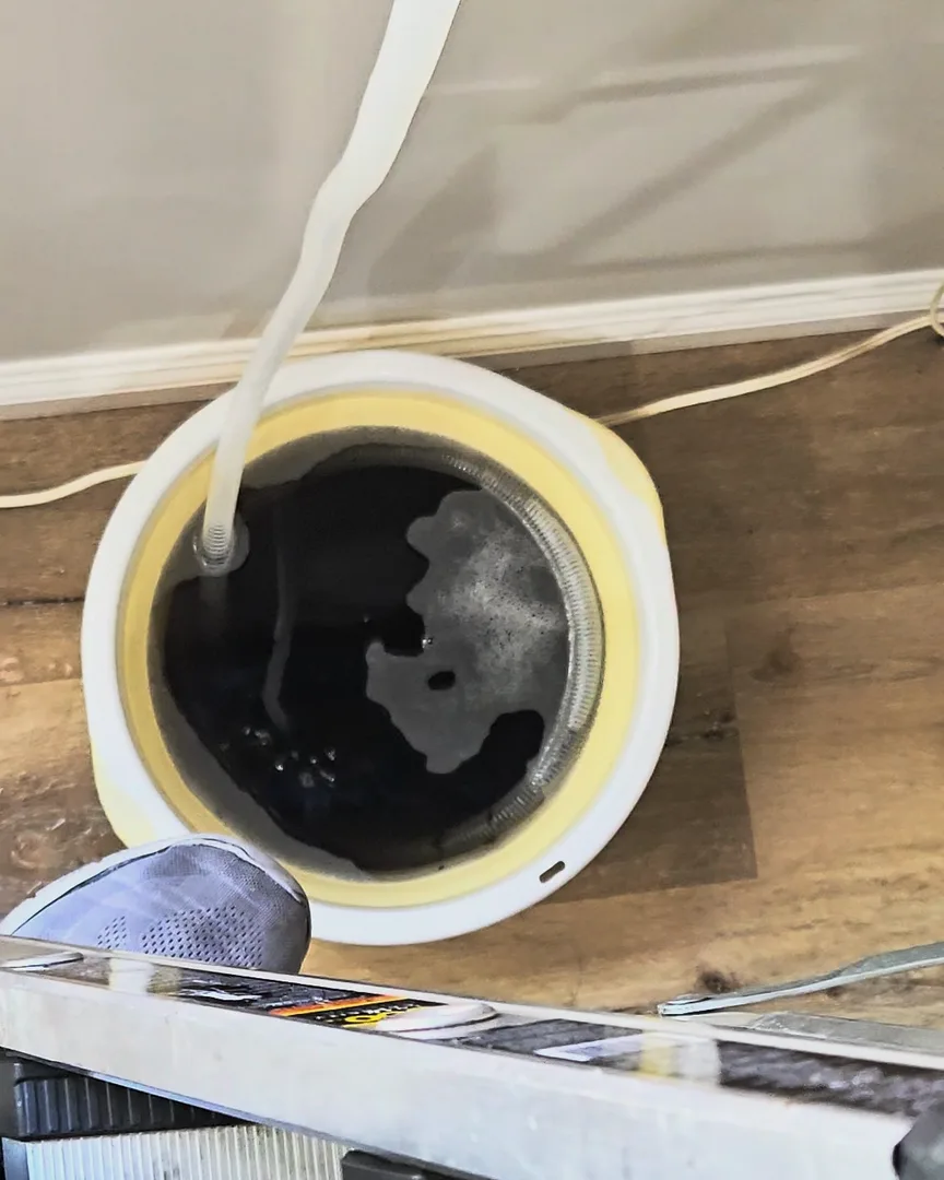 Dark rinse water running from the cleaning bag through a hose into a bucket