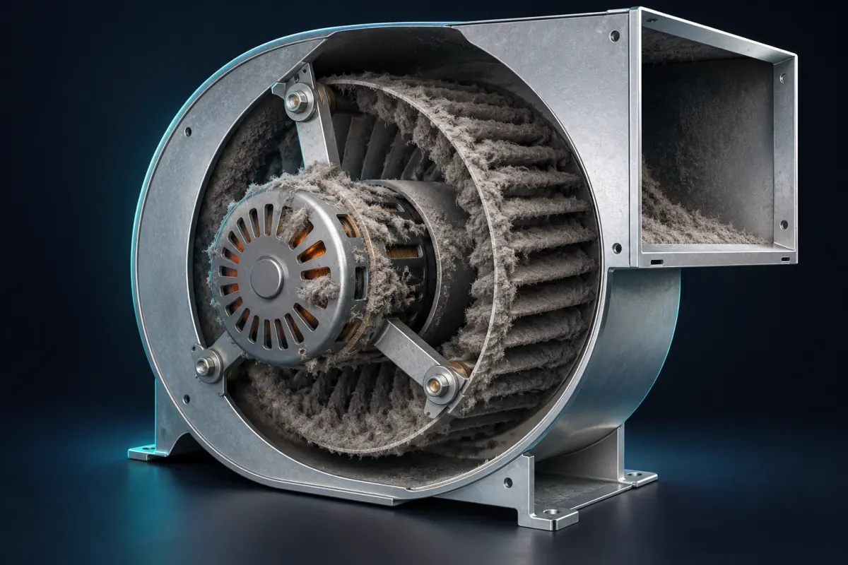 Illustration of a blower housing cut open, with dust packed into the motor's vents and the blower wheel; not a photograph of an Epic Star job
