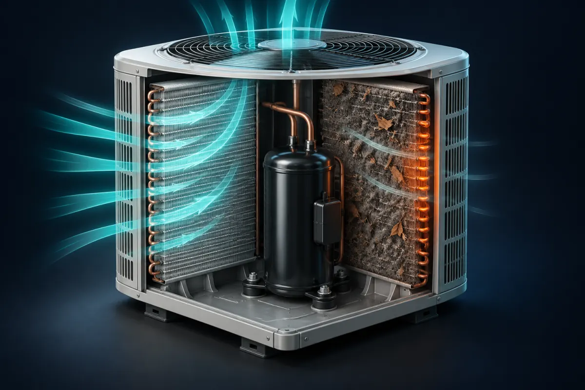 Illustration of an outdoor AC condenser cut open, with air passing freely through the clean half of the coil and barely through the dirty half; not a photograph of an Epic Star job