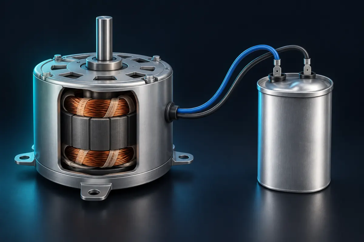 Illustration of an AC condenser fan motor, cut away to show its copper windings, wired to a run capacitor; not a photograph of an Epic Star job