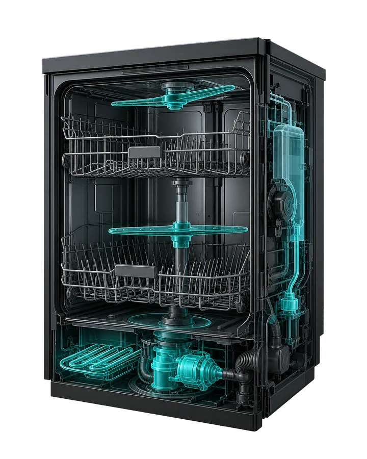 Stylised cutaway illustration of a dishwasher; individual parts are not labelled