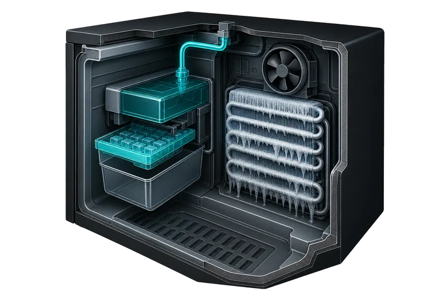 Stylised cutaway illustration of a freezer with an ice maker; individual parts are not labelled