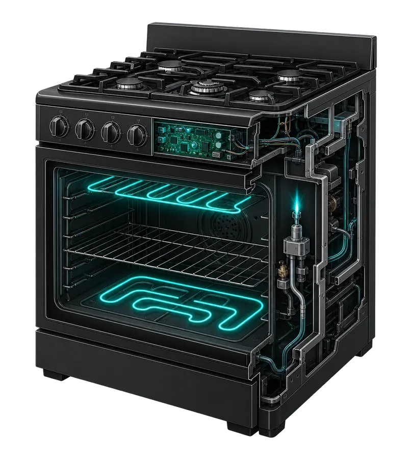 Stylised cutaway illustration of an oven or range; individual parts are not labelled