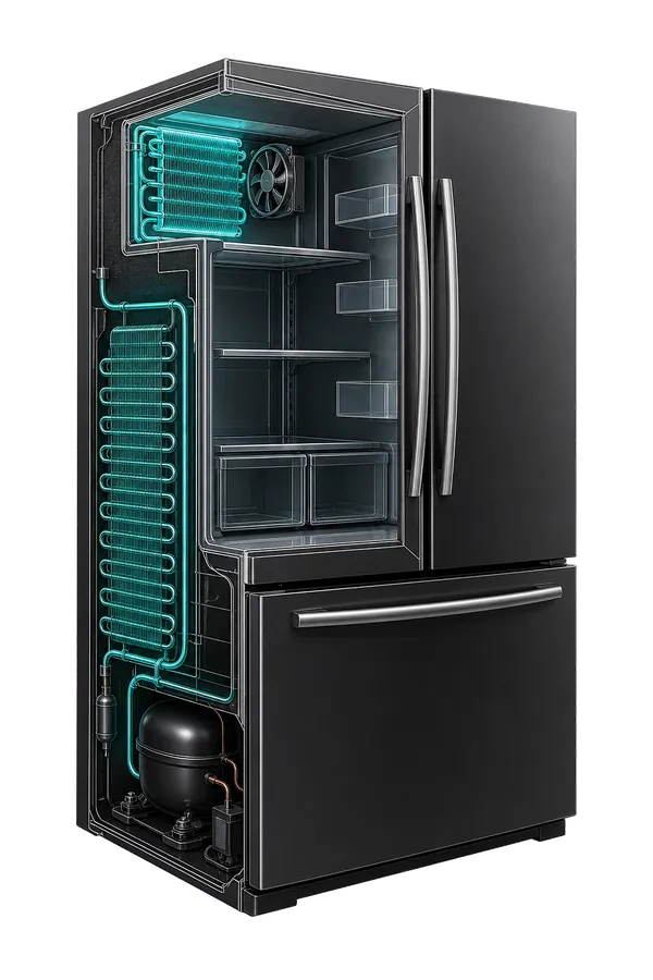 Stylised cutaway illustration of a refrigerator; individual parts are not labelled