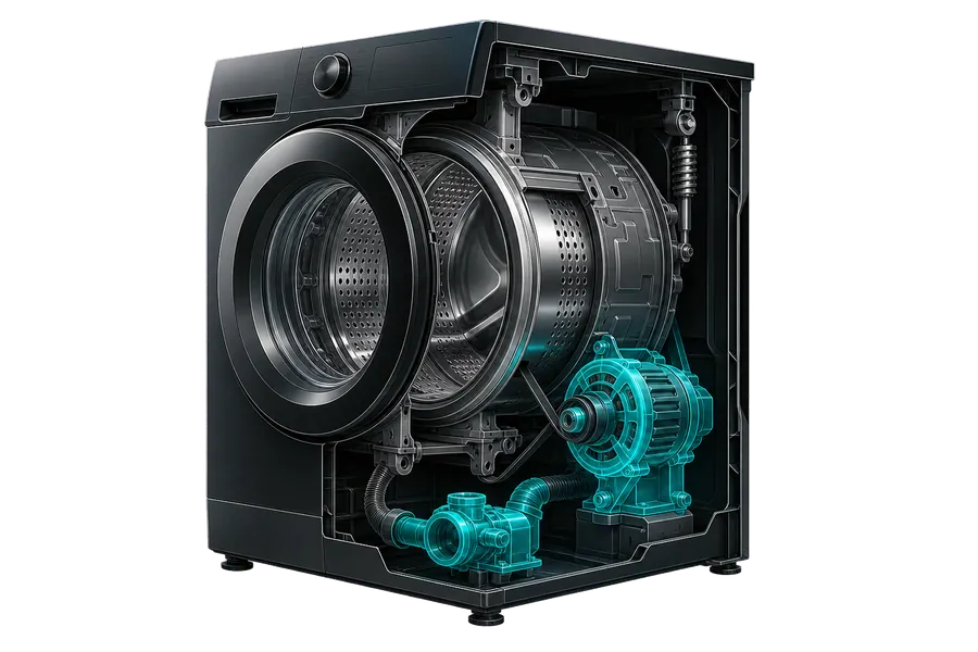 Stylised cutaway illustration of a washing machine; individual parts are not labelled