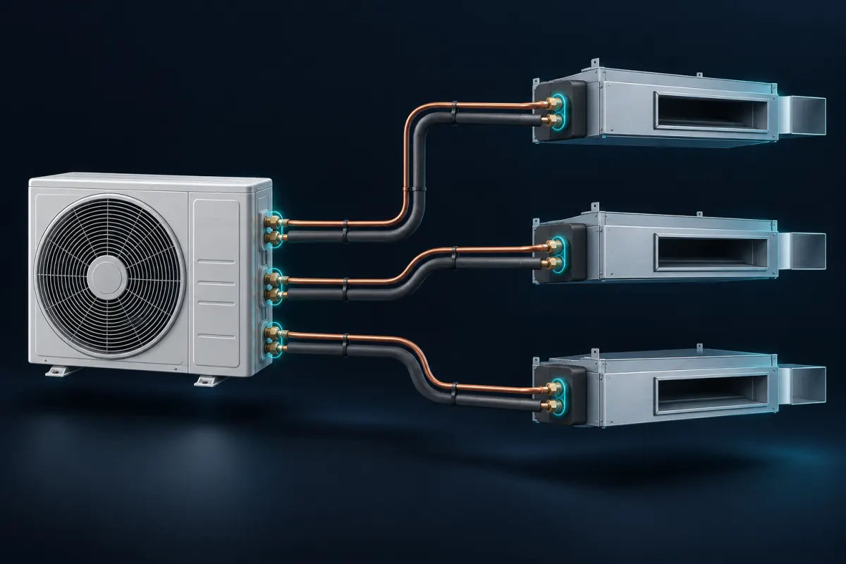 Illustration of one outdoor mini-split unit feeding three ducted indoor units through separate pairs of copper lines, with every flare joint at both ends highlighted; not a photograph of an Epic Star job