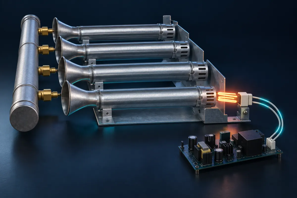 Illustration of a furnace hot surface igniter glowing orange at the outlet of an unlit burner, with two wires running to a control board; not a photograph of an Epic Star job