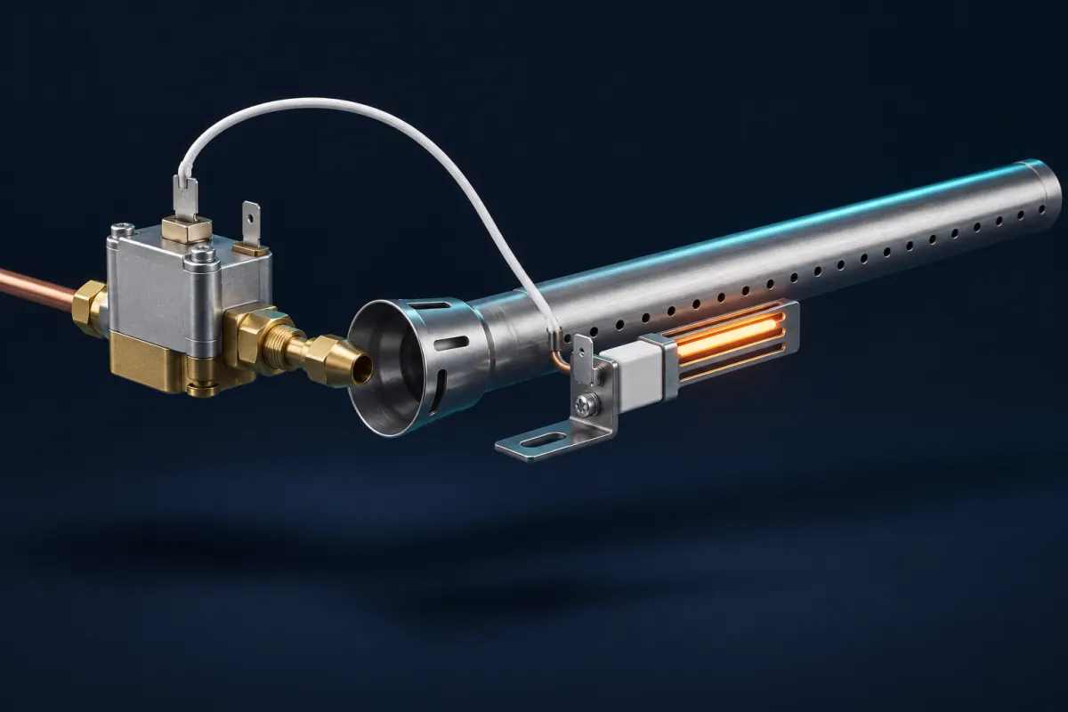 Illustration of a gas oven bake burner with a glowing flat igniter beside its gas ports, wired to the gas safety valve that feeds the burner; not a photograph of an Epic Star job