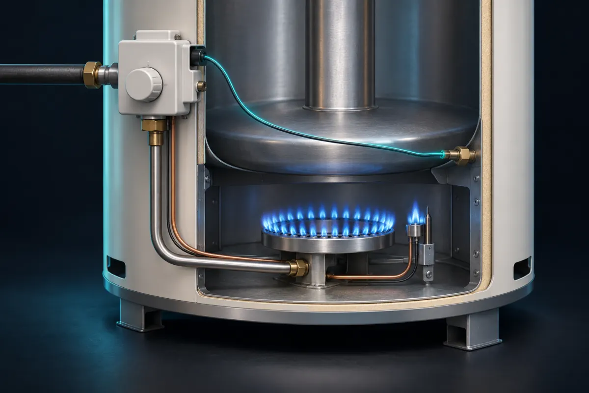 Cutaway illustration of the lower part of a gas tank water heater, with the burner and pilot lit and a small threaded temperature sensor at the combustion chamber wired to the gas control valve; not a photograph of an Epic Star job
