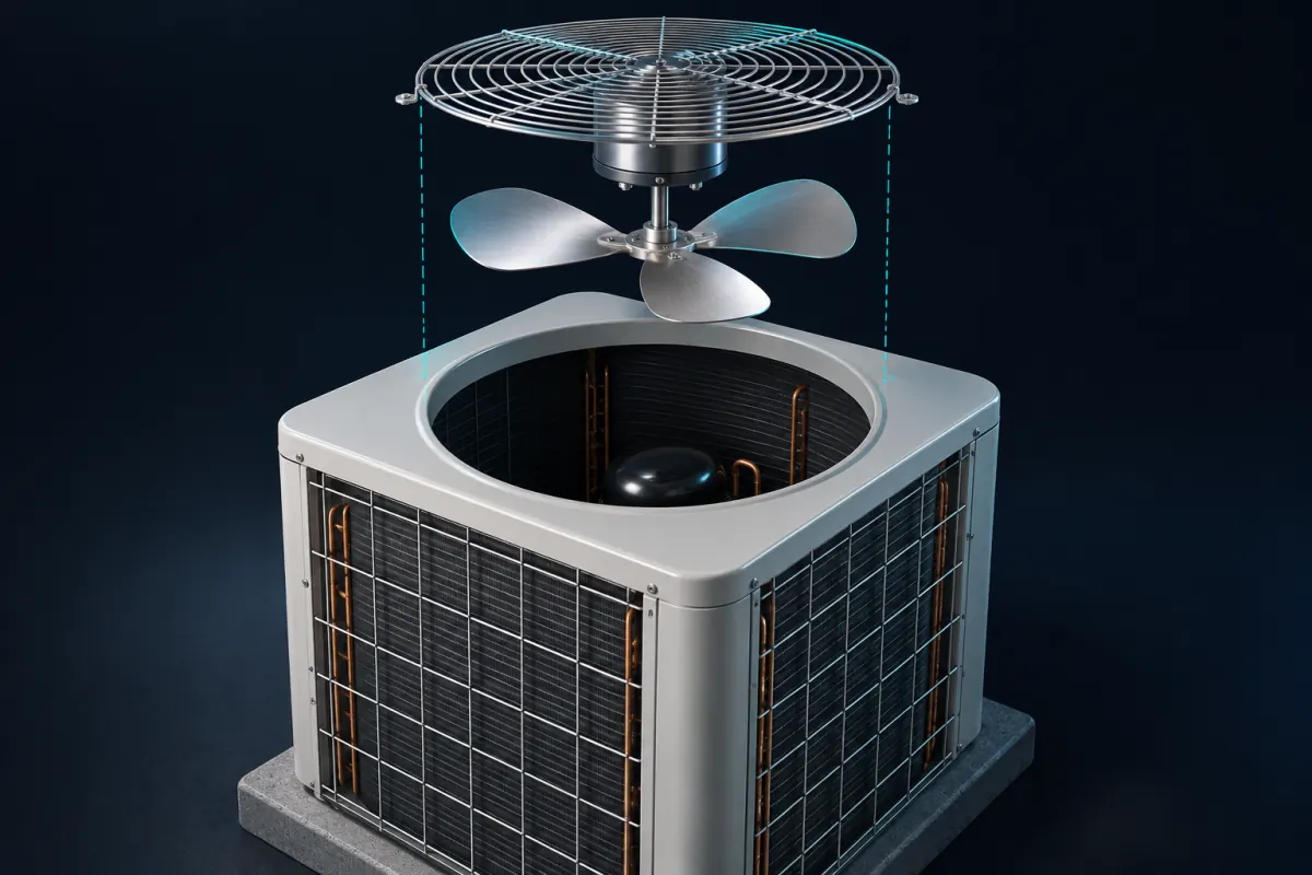 Illustration of a top-discharge AC condenser with the fan guard lifted off, the fan motor hanging under the guard and the fan blade on its shaft; not a photograph of an Epic Star job