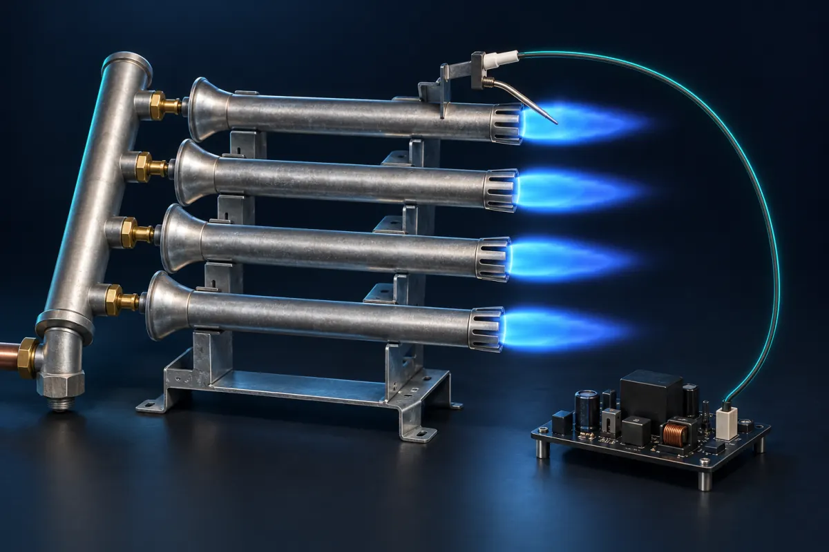 Illustration of four lit furnace burners with a flame sensor rod resting in the top burner's flame and one wire running to a control board; not a photograph of an Epic Star job