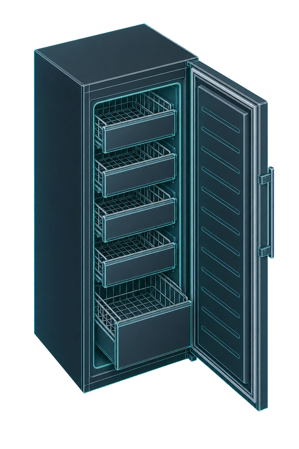 Isometric upright freezer illustration with the door open and storage drawers visible