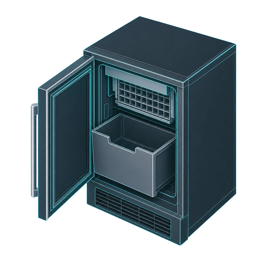 Isometric undercounter ice maker illustration with its door open