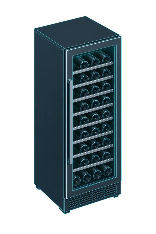 Isometric glass-door wine cooler illustration with bottle racks