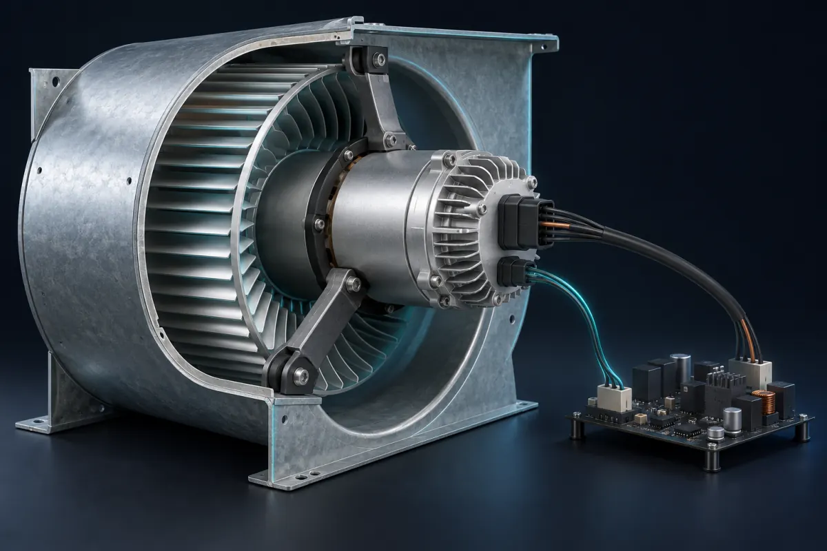 Illustration of a variable-speed ECM blower motor inside a cut-away blower housing, with its control module on the end of the motor and a low-voltage cable running to a furnace control board; not a photograph of an Epic Star job