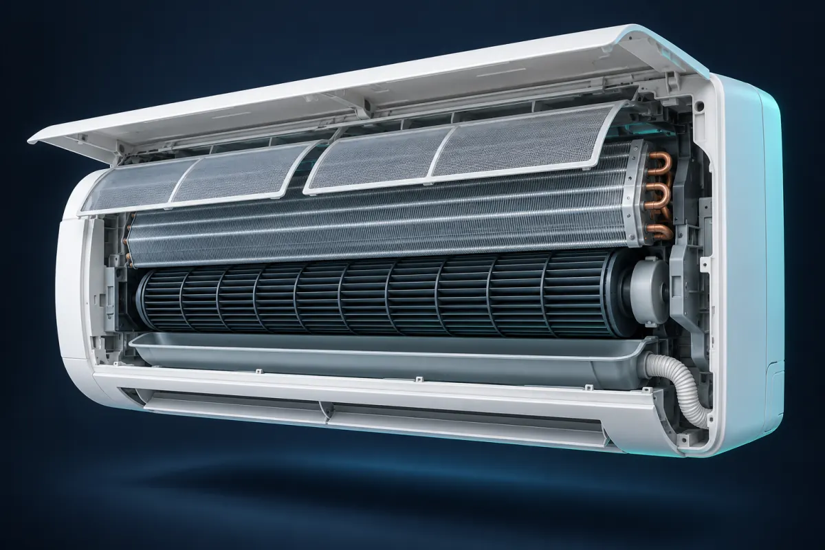 Illustration of a wall-mounted ductless mini-split indoor unit with its front panel open, showing the filters, evaporator coil, blower wheel and drain pan; not a photograph of an Epic Star job