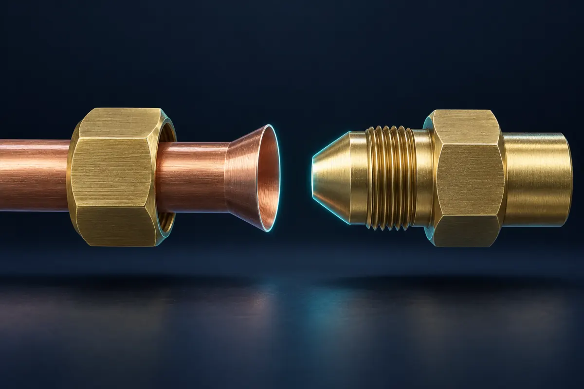 Illustration of a flare connection pulled apart: a copper tube with its end flared into a cone and a brass flare nut behind it, facing a brass fitting with a matching cone nose and threads; not a photograph of an Epic Star job