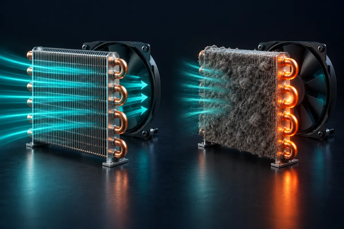 Illustration of two refrigerator condenser coils with fans: air passes through the clean coil, while on the dust-covered coil it stops and the tubing glows with trapped heat; not a photograph of an Epic Star job