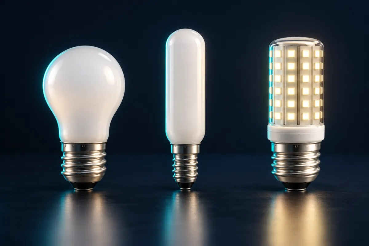 Illustration of three refrigerator bulbs: a frosted A15 bulb with a medium screw base, a slim T6.5 tube bulb with a smaller base and a corn-type LED bulb; not a photograph of an Epic Star job