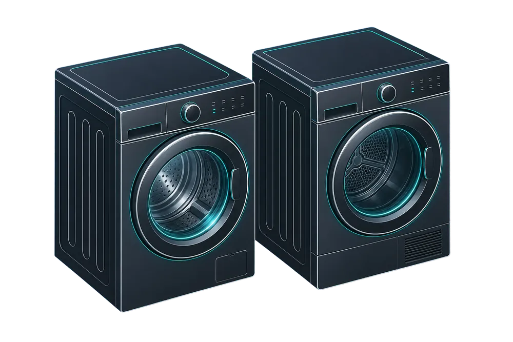 Stylised illustration of a matching washer and dryer pair; no specific models are shown