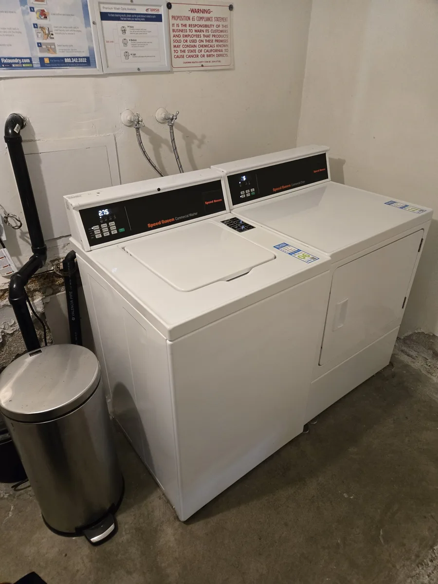 Speed Queen commercial washer and dryer serviced by Epic Star in a multi-unit laundry room in Playa Vista, CA